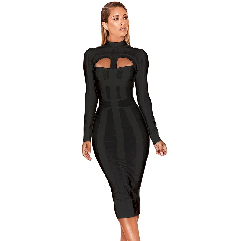 HQBORY Winter Long Sleeves sexy  Hollow Out Knitted Bandage Dress mid-length Women Hole Cut Out Black Bodycon Vestidos Red XL - Image 4