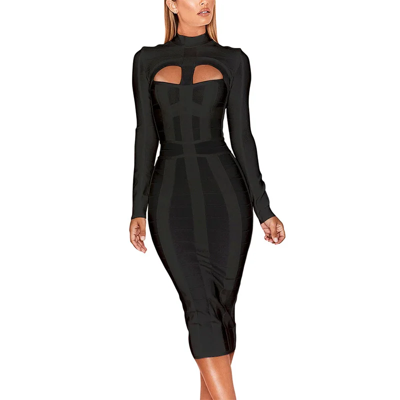 HQBORY Winter Long Sleeves sexy  Hollow Out Knitted Bandage Dress mid-length Women Hole Cut Out Black Bodycon Vestidos Red XL - Image 8
