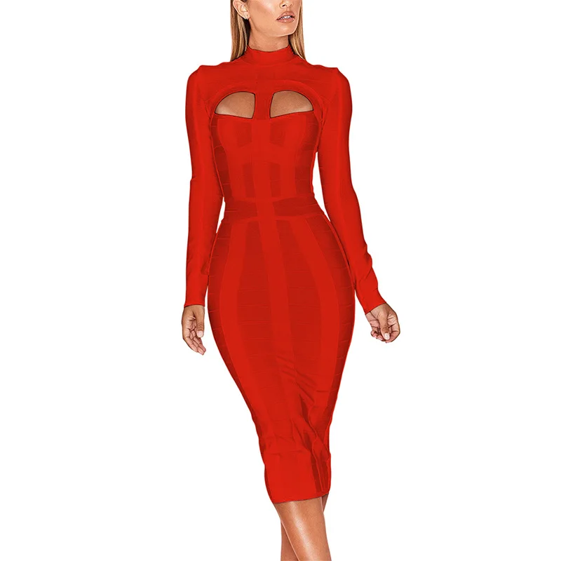 HQBORY Winter Long Sleeves sexy  Hollow Out Knitted Bandage Dress mid-length Women Hole Cut Out Black Bodycon Vestidos Red XL - Image 9