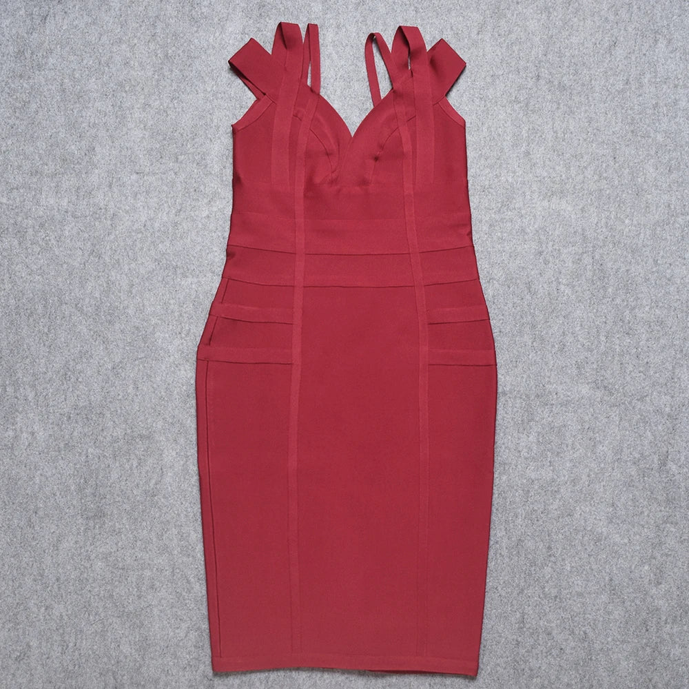 HQBORY Winter Women Mid length Bandage Dress Hottest Straps Wine Red Off Shulder deep V Sexy Elegant Vestidos High Quality - Image 4