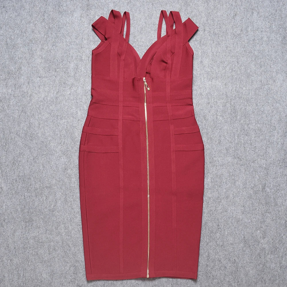 HQBORY Winter Women Mid length Bandage Dress Hottest Straps Wine Red Off Shulder deep V Sexy Elegant Vestidos High Quality - Image 5
