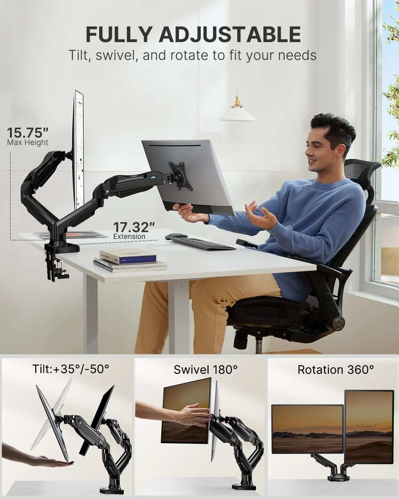 HUANUO Dual Monitor Stand - Adjustable Spring Monitor Desk Mount Swivel Vesa Bracket with C Clamp, Grommet Mounting Base for 13 to 27 Inch Computer Screens - Each Arm Holds 4.4 to 14.3lbs - Image 6