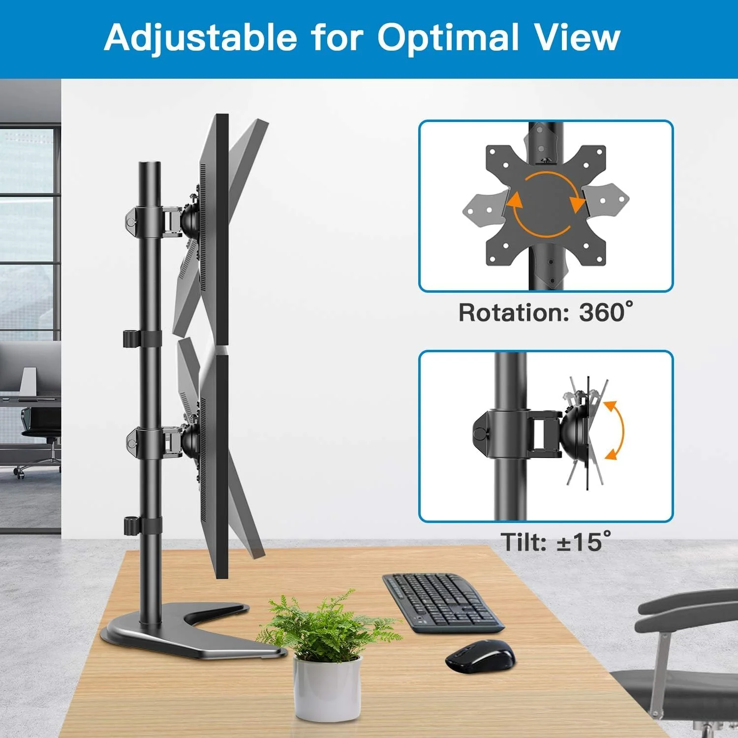 HUANUO Dual Monitor Stand,Vertical Stack Screen Free-Standing Holder LCD Desk Mount Fits Two 13 to 32 Inch Computer Monitors with C Clamp Grommet Base Stacking Displays Tilt Swivel Height Adjustable - Image 6