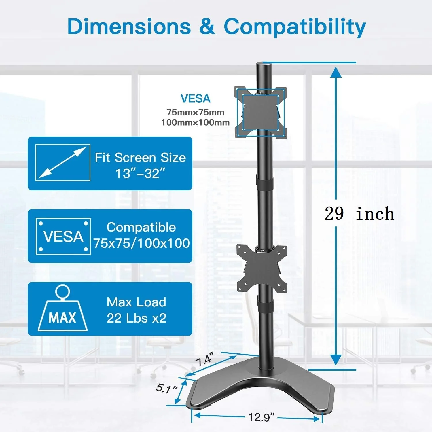 HUANUO Dual Monitor Stand,Vertical Stack Screen Free-Standing Holder LCD Desk Mount Fits Two 13 to 32 Inch Computer Monitors with C Clamp Grommet Base Stacking Displays Tilt Swivel Height Adjustable - Image 8