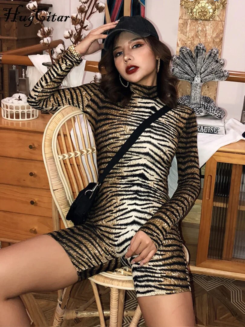 Hugcitar 2019 long sleeve tiger leopard print sexy bodycon playsuit autumn winter women streetwear club body fall cute outfits - Image 4