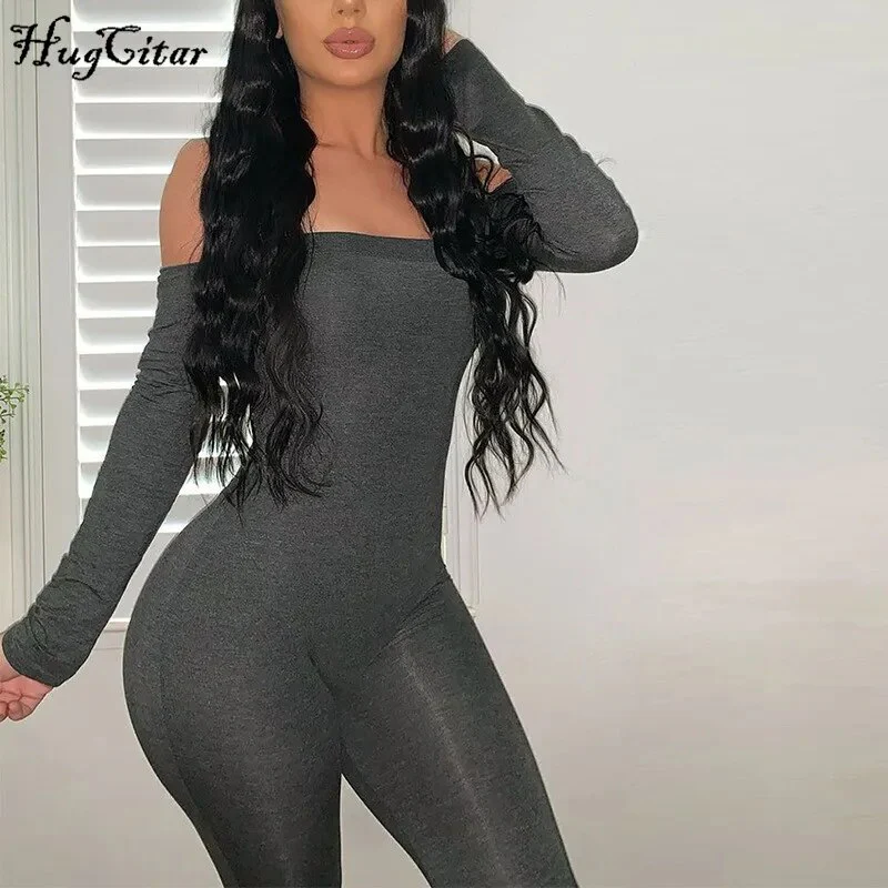 Hugcitar 2020 long sleeve slash neck sexy bodycon jumpsuit autumn winter women fashion streetwear outfits stretchy jumper - Image 2