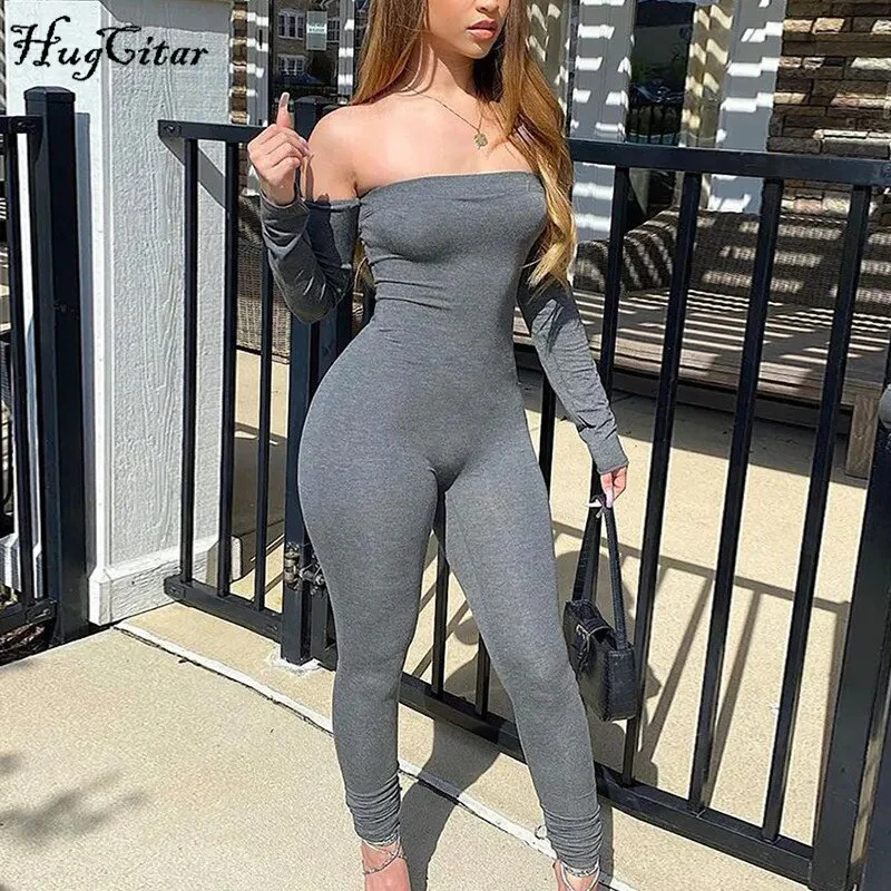 Hugcitar 2020 long sleeve slash neck sexy bodycon jumpsuit autumn winter women fashion streetwear outfits stretchy jumper - Image 3