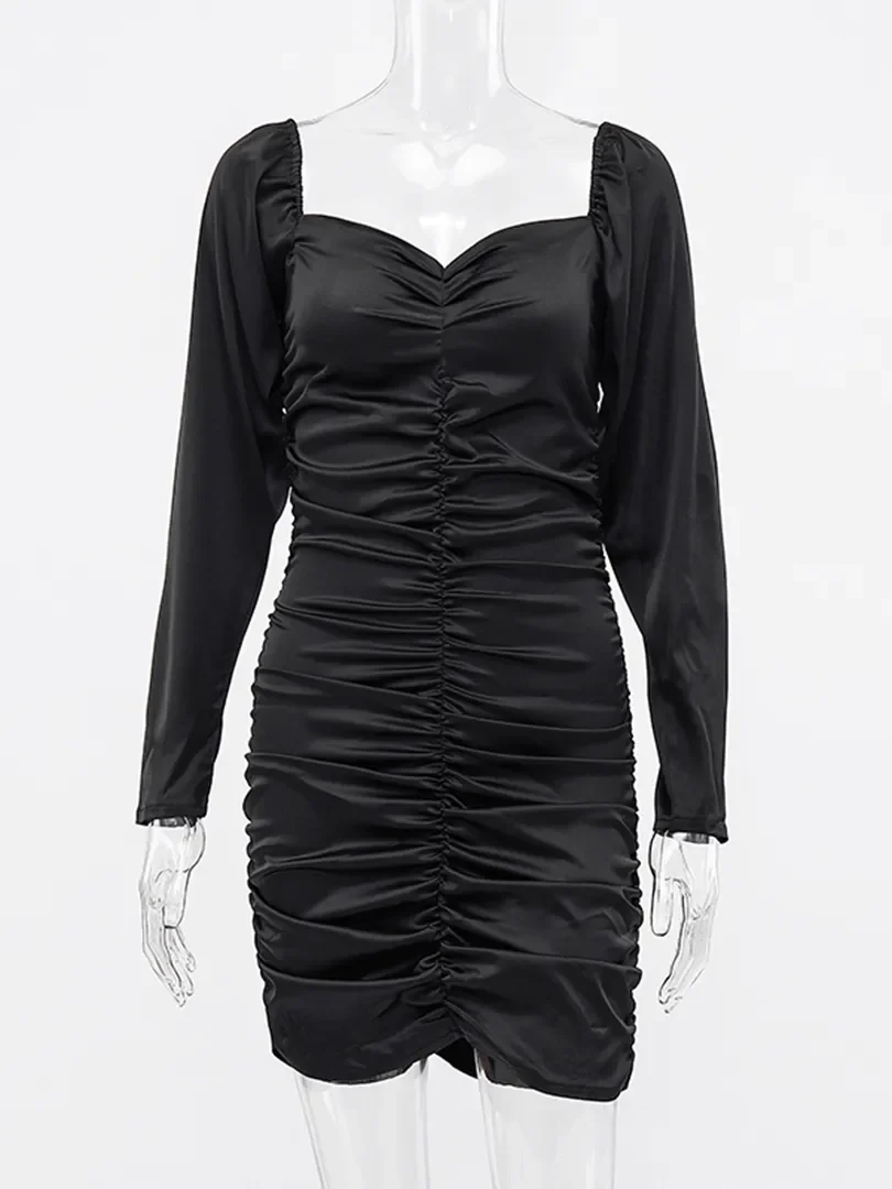 Hugcitar 2021 Long Puff Sleeve Slash Neck Satin Pleated Sexy Mini Dress Autumn Winter Women Solid Party Elegant Streetwear Outfi - Image 6