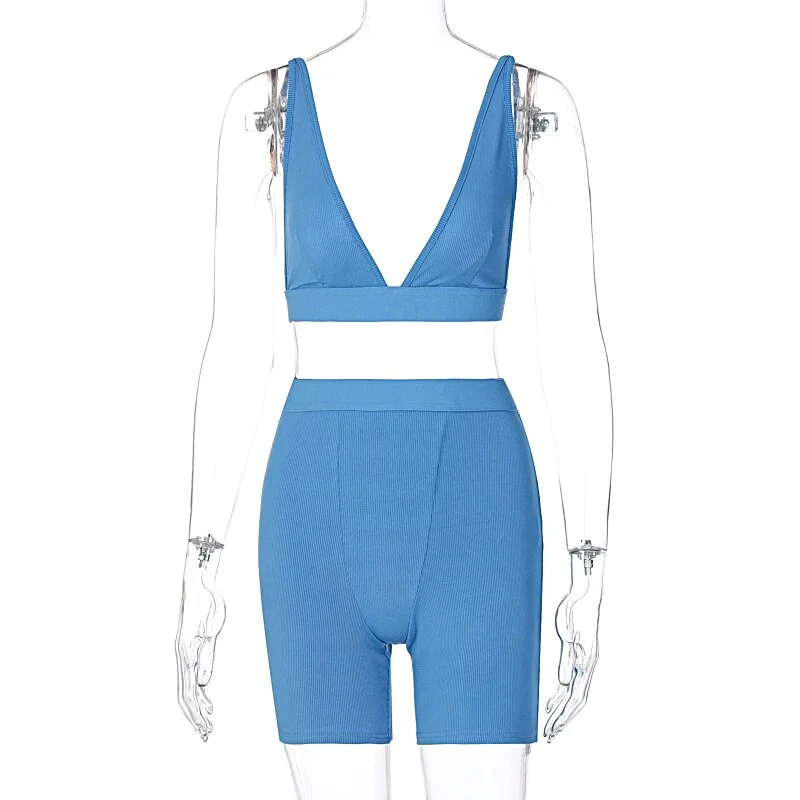 Hugcitar 2021 Sleeve V-Neck Sexy Crop Tank Top Biker Shorts 2 Piece Set Autumn Winter Women Fashion Streetwear Tracksuit - Image 8