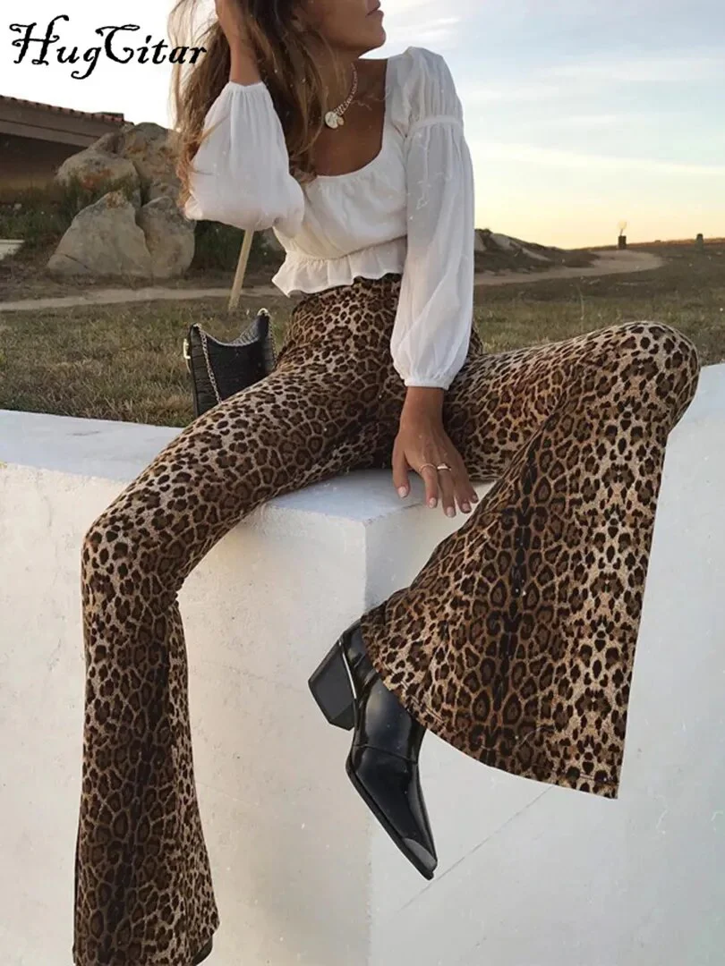 Hugcitar High Waist Leopard Print Flare Leggings 2021 Autumn Winter Women Fashion Sexy Bodycon Trousers Club Pants - Image 3