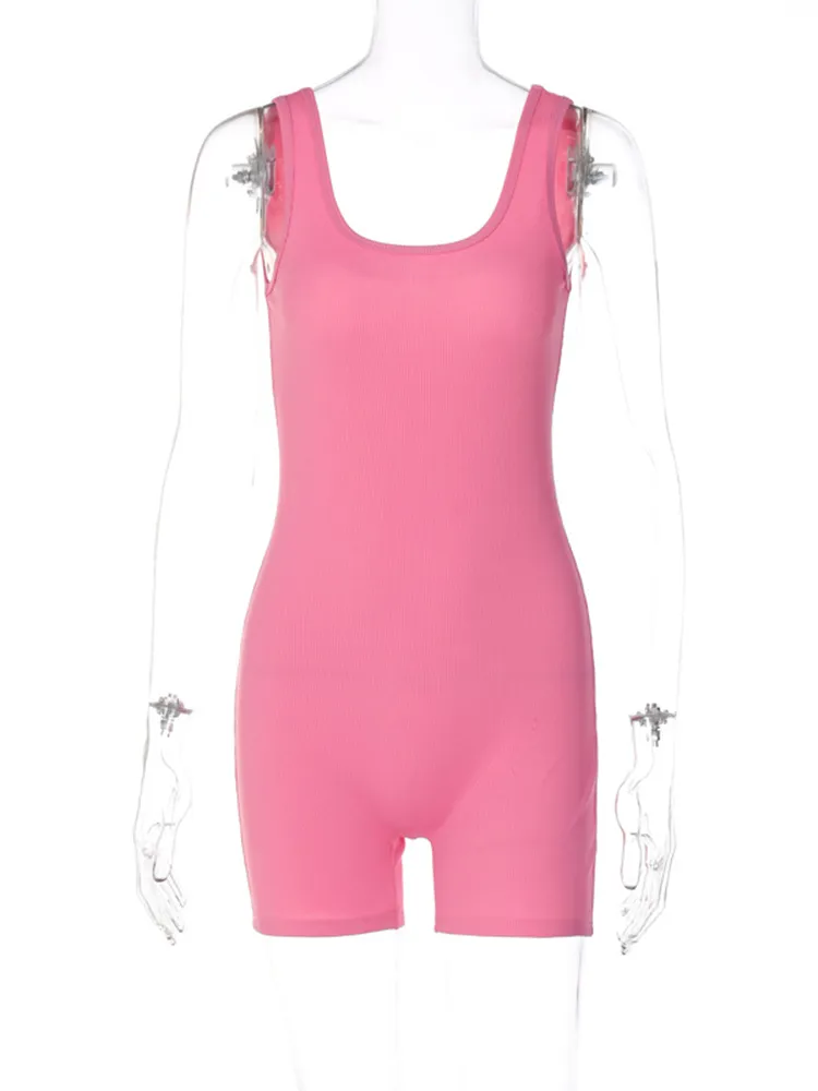 Hugcitar Women Fashion Ribbed Solid Sleeveless Straps Sexy Bodycon One Piece Playsuit 2023 Summer Casual Streetwear Sport Romper - Image 6