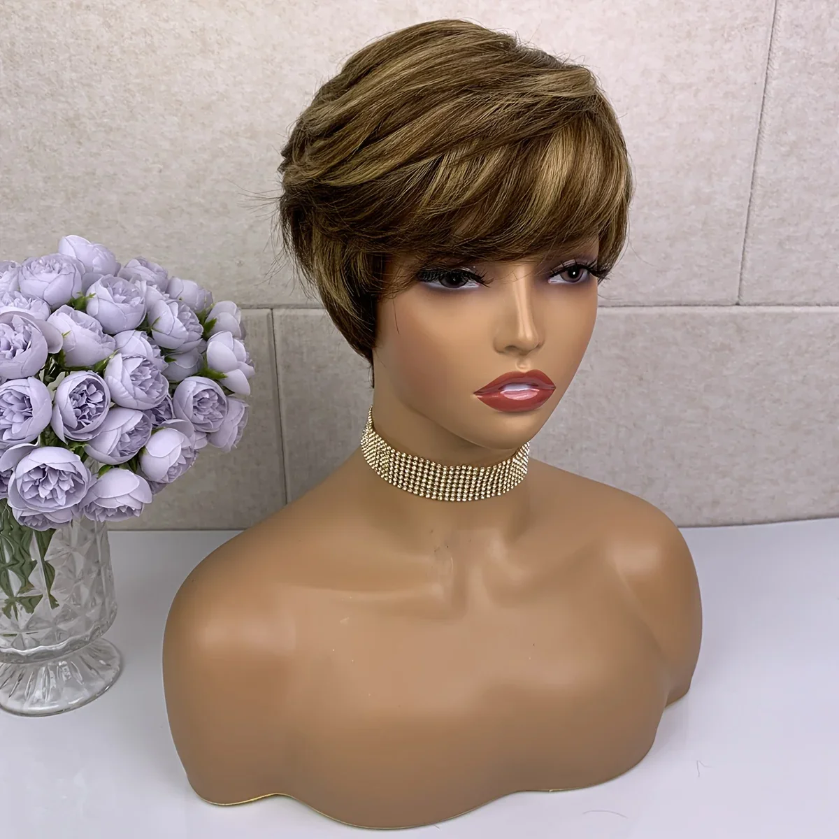 Human Hair Wig Highlight Pixie Cut Wig Short Wig With Bangs Human Hair Wig For Women Machine Made - Image 3
