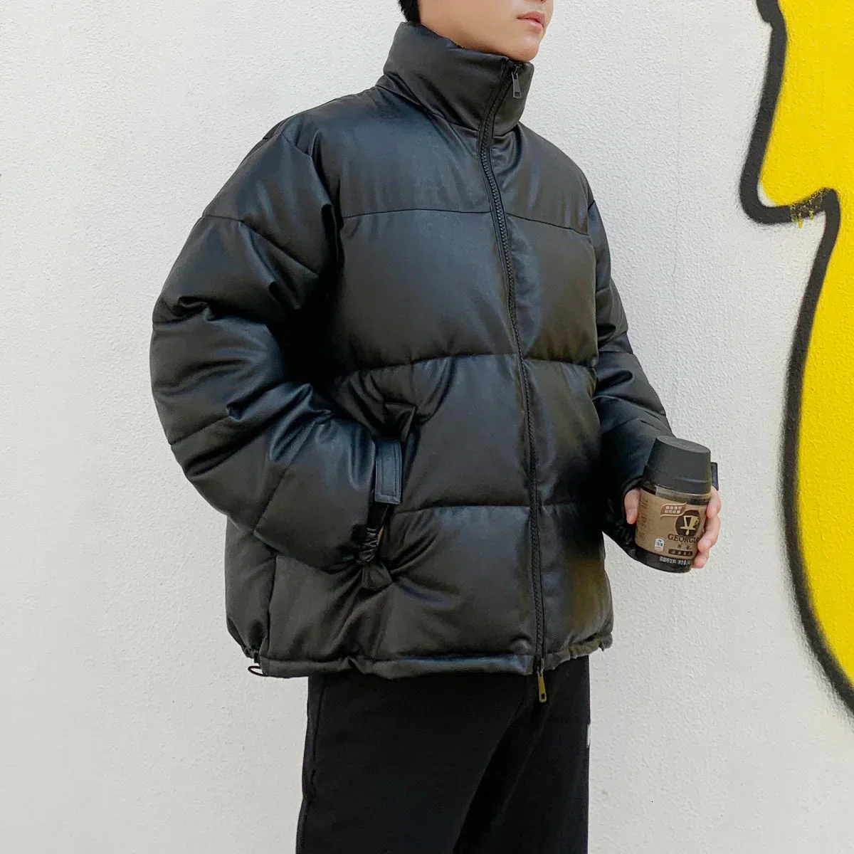 Hybskr Thicken Solid Color Mens Parkas Oversized Warm Winter Leather Coats Harajuku Fashion Male Loose Cotton Padded Jackets - Image 2