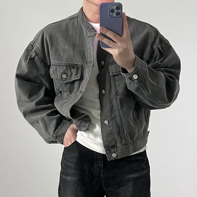 IEFB New Fashion Men's Denim Jacket High Street Male Stand Collar Top Solid Color Short Coat 2023 Autumn Menwear Tide 9C644 - Image 5