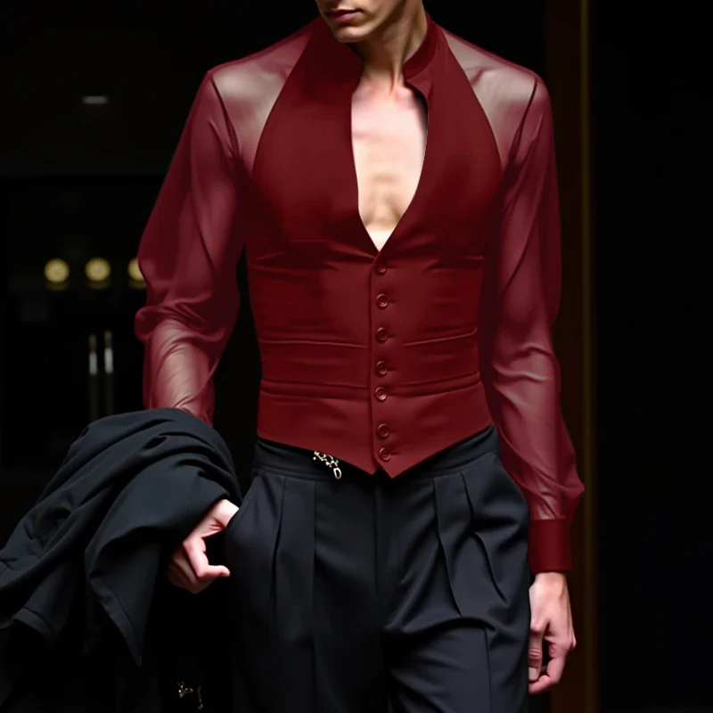 INCERUN Men Shirt Mesh Patchwork V Neck Long Sleeve Transparent Sexy Casual Male Shirts Streetwear Fashion Party Camisas 2025 - Image 11