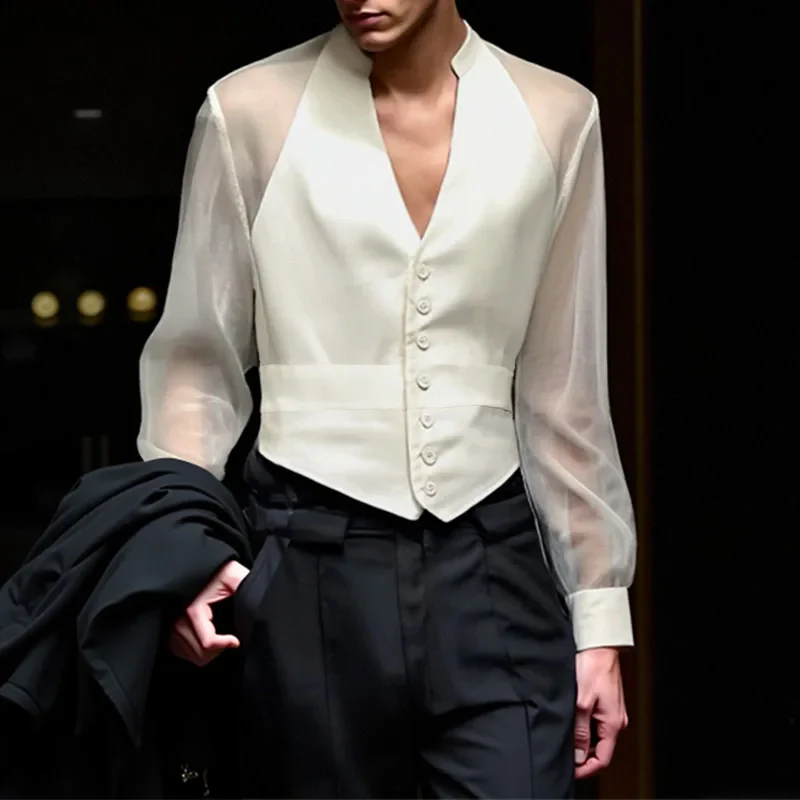 INCERUN Men Shirt Mesh Patchwork V Neck Long Sleeve Transparent Sexy Casual Male Shirts Streetwear Fashion Party Camisas 2025 - Image 12