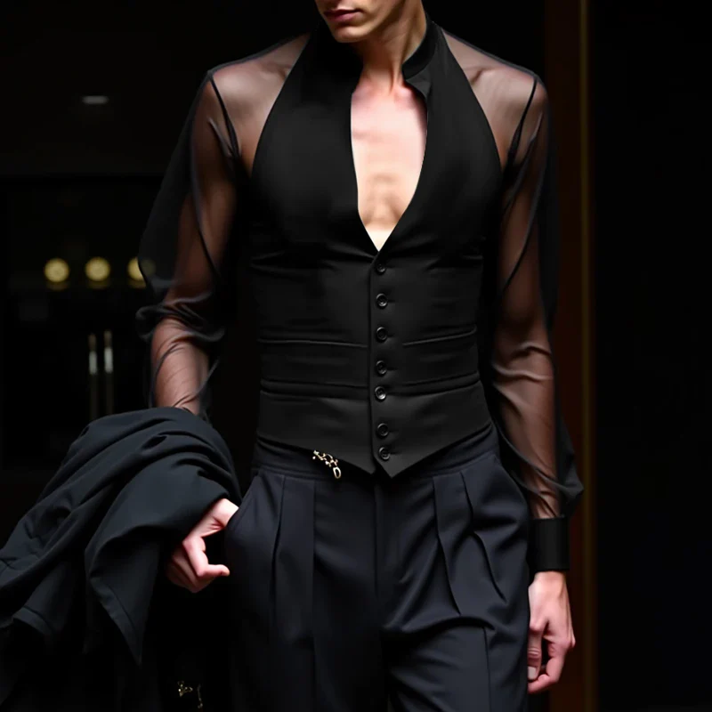 INCERUN Men Shirt Mesh Patchwork V Neck Long Sleeve Transparent Sexy Casual Male Shirts Streetwear Fashion Party Camisas 2025 - Image 13