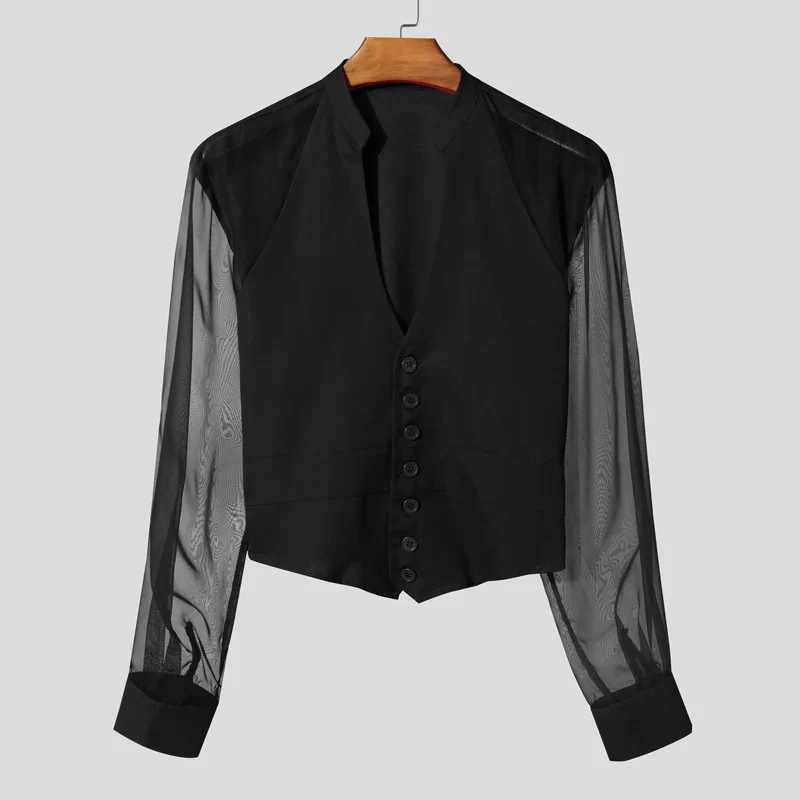 INCERUN Men Shirt Mesh Patchwork V Neck Long Sleeve Transparent Sexy Casual Male Shirts Streetwear Fashion Party Camisas 2025 - Image 22