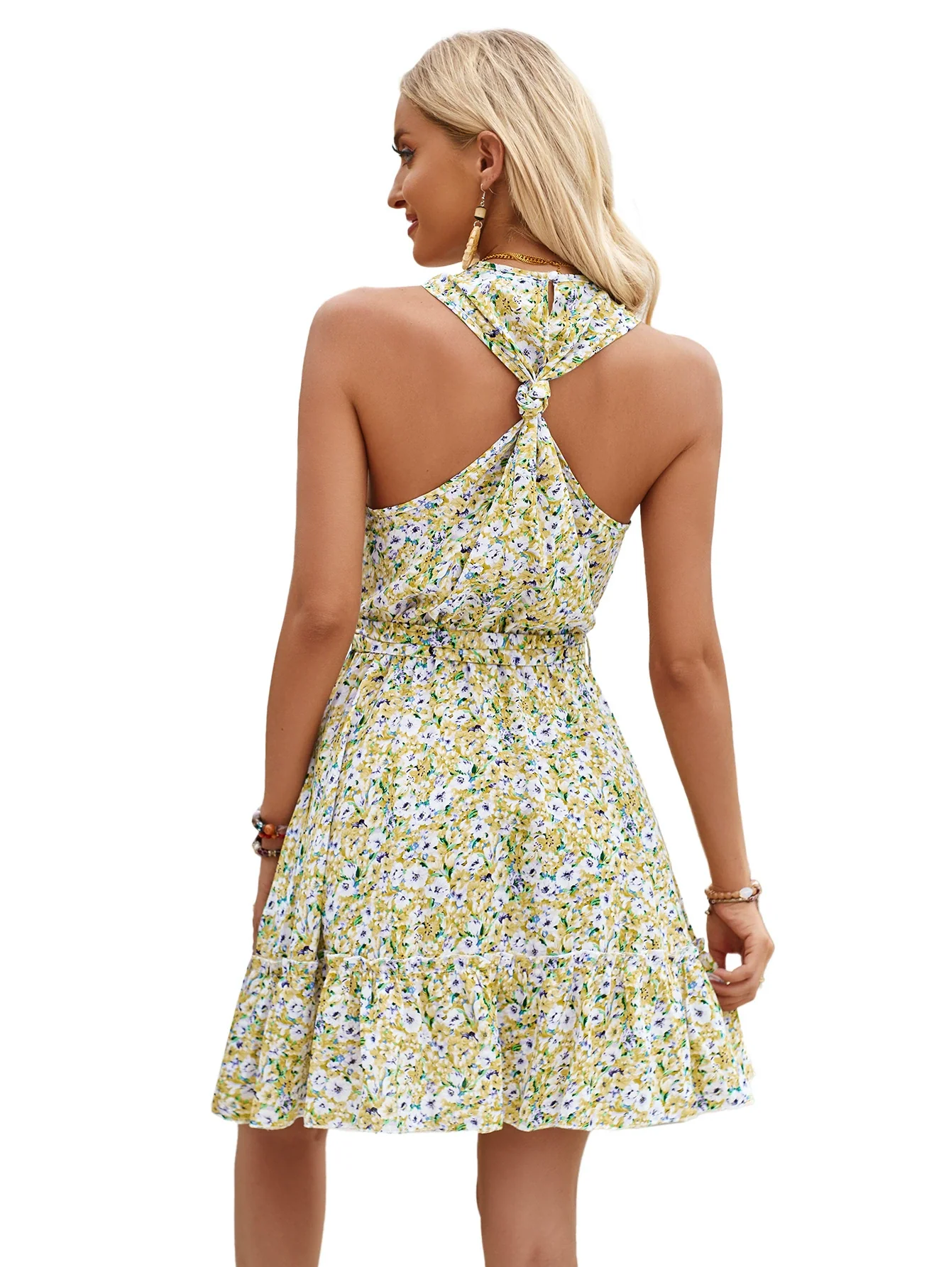 Independent Station 24-Year Hot Sale Summer New Arrival Halterneck Knotted Print Lace-up Waist-Controlled Dress Fashion Cross-Border Women's Clothing - Image 5