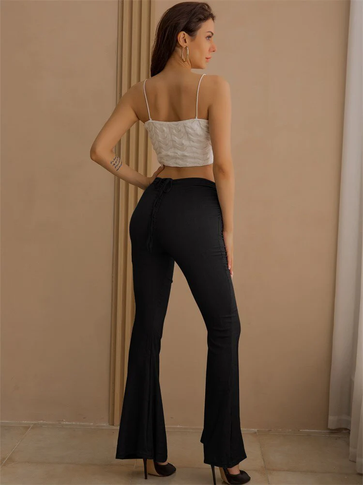 InGrily 2022 Summer Pants For Women Casual Solid Shirring Bandage Go Out Style Trousers Boot Cut Mid-Waist Office Lady Clothes - Image 6