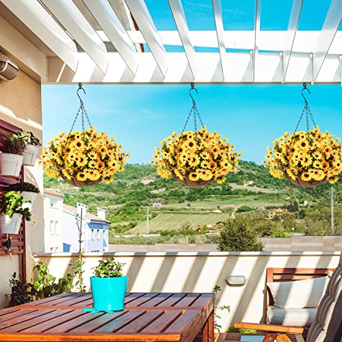 INQCMY Artificial Flowers Hanging Basket for Outdoor Indoor, Fake Sunflowers Flowers in Coconut Lining Hanging Basket, 8 Branches Sunflowers Flowers in 12'' Basket(Yellow) - Image 5