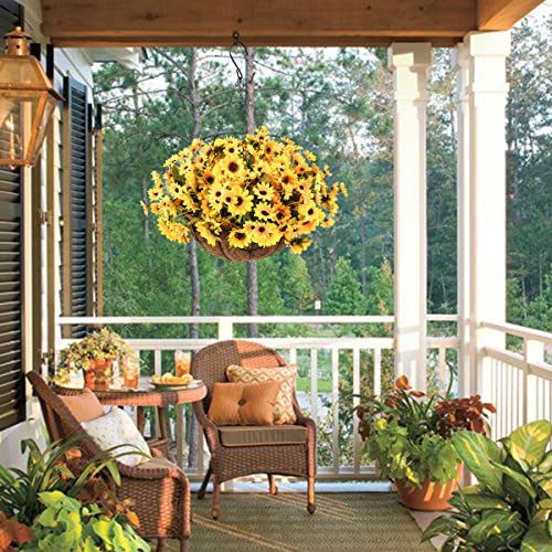 INQCMY Artificial Flowers Hanging Basket for Outdoor Indoor, Fake Sunflowers Flowers in Coconut Lining Hanging Basket, 8 Branches Sunflowers Flowers in 12'' Basket(Yellow) - Image 6