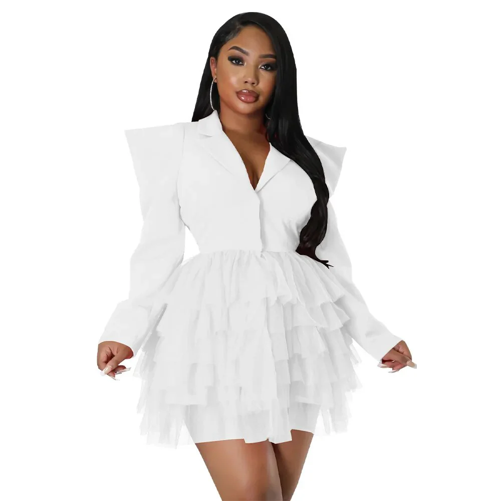 INS Autumn New Arrivals Women Mesh Ruffles Suit Dress Full Sleeves Right Shoulder V Neck Fashion Party Dresses Birthday Gowns - Image 3
