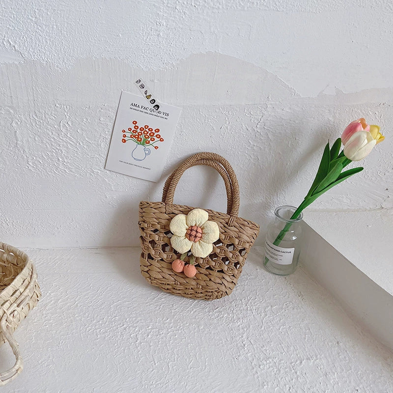 INS Summer Kids Straw Woven Bag Girl Rattan Flower Hand Bag Princess Retro and Fashion All-Matching Accessory Bag - Image 7