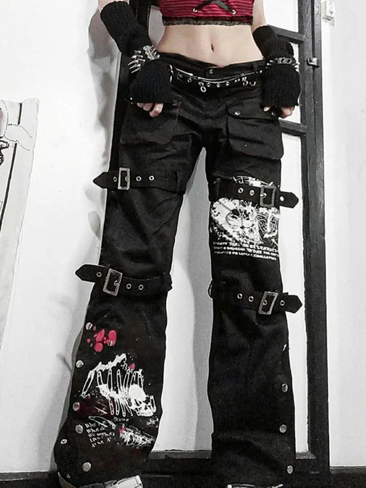 InsDoit Y2K Black Punk Skull Print Mall Goth Jeans Woman Eyelet Buckle Academic Cargo Pants Streetwear Big Pocket Dark Trousers - Image 4