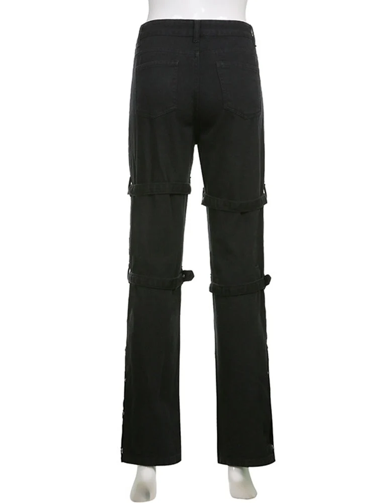InsDoit Y2K Black Punk Skull Print Mall Goth Jeans Woman Eyelet Buckle Academic Cargo Pants Streetwear Big Pocket Dark Trousers - Image 5