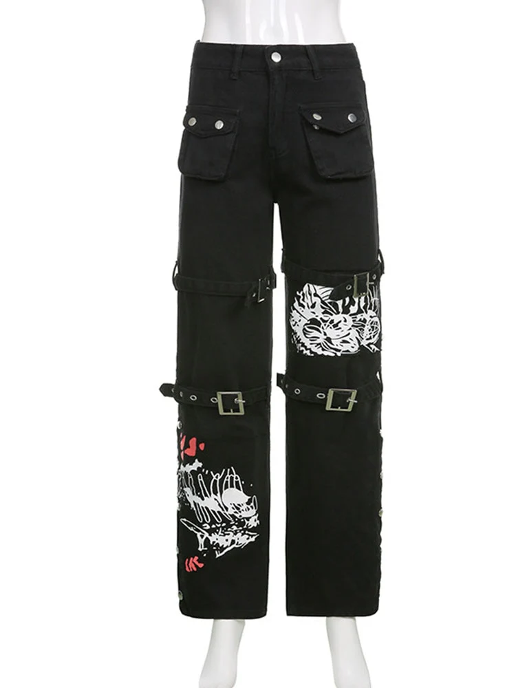 InsDoit Y2K Black Punk Skull Print Mall Goth Jeans Woman Eyelet Buckle Academic Cargo Pants Streetwear Big Pocket Dark Trousers - Image 7