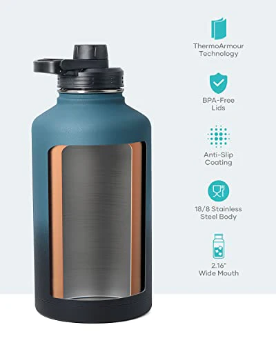 Insulated Water Bottle 64 oz with Straw Lid (3 Lids), BUZIO 64oz Stainless Steel Water Bottle Half Gallon Jug Flask, Double Wall Vacuum Sports Thermo Mug, Cold Hot Hydro Metal Canteen, Indigo Black - Image 5