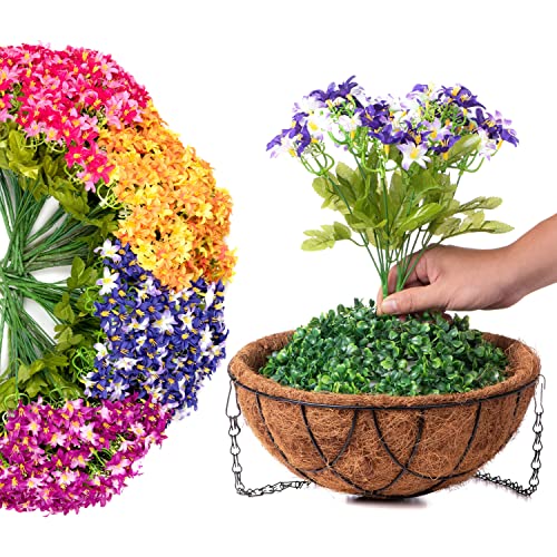 INXUGAO Artificial Flowers with Hanging Basket for Home Courtyard Decoration,6 Branches Silk Daisy FlowersFake Plant Arrangement in12 inch Coconut Lining Basket for Outdoors Indoors Decor(Purple) - Image 2