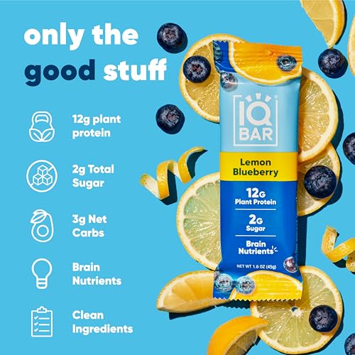 IQBAR Brain and Body Plant Protein Bars - Lemon Blueberry - 12 Count, Low Carb, High Fiber, Gluten Free, Healthy Vegan Snacks - Low Sugar Keto Bar - Image 4