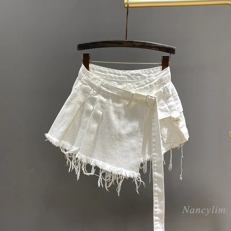 Irregular Pink Denim Skirt Women's Summer High Waist Slimming False Two-Piece A- Line Workwear Short Mini Skirts 2023 - Image 2