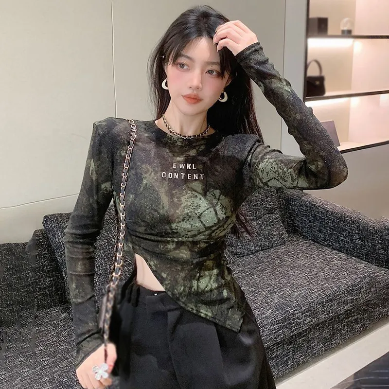 Irregular T-shirt Fashion Tie-dye T Shirts Y2k Spring HarajukuChic Vintage Streetwear Long Sleeve Slim Tops