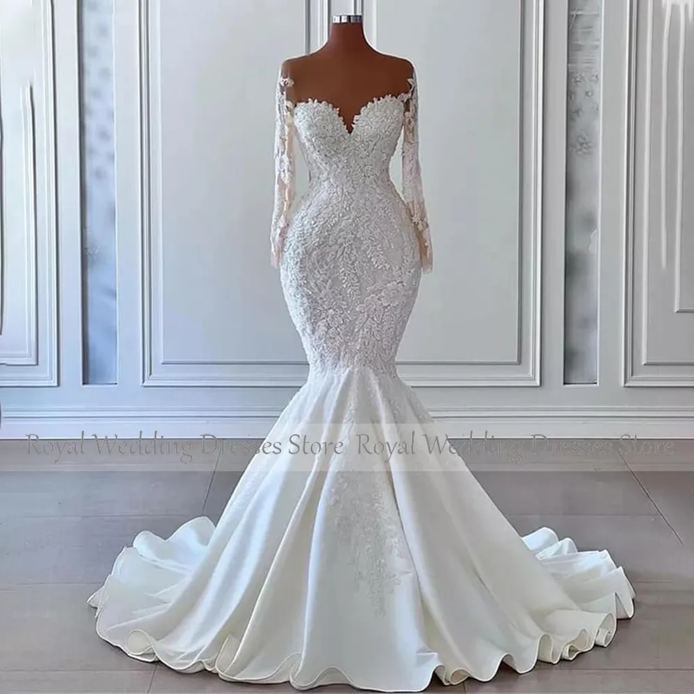 Ivory Wedding Dress Luxury Applique Sheer Tulle Neck Mermaid  Gowns for Bride Long Sleeves Satin Elegant Bridal Dresses - Image 6
