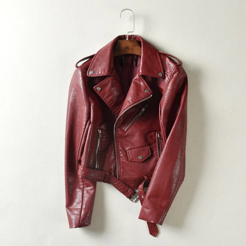 Jacket PU Leather Autumn Winter Street Women's Short Washed Zipper Bright Colors Ladies Basic Motorcycle Outwear OverCoat - Image 2