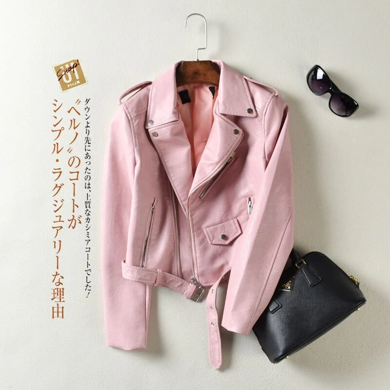 Jacket PU Leather Autumn Winter Street Women's Short Washed Zipper Bright Colors Ladies Basic Motorcycle Outwear OverCoat - Image 3