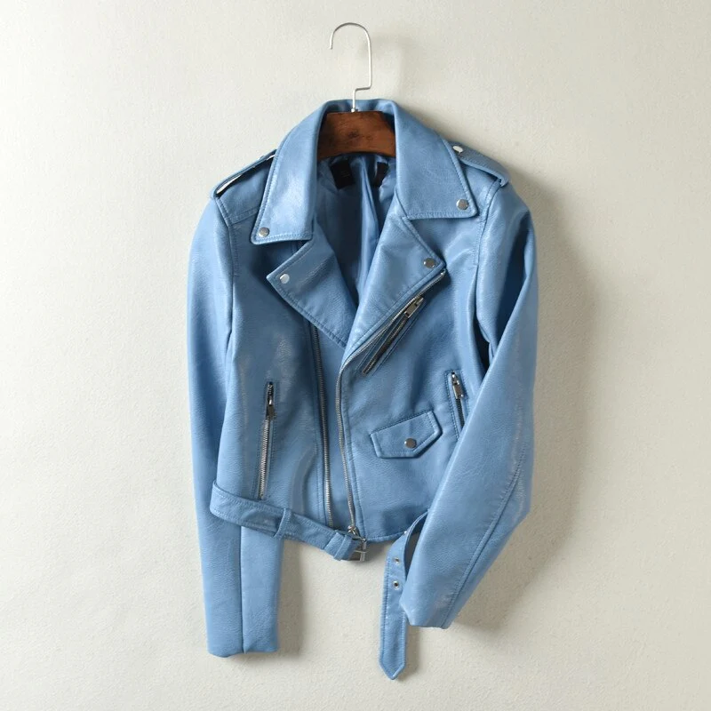 Jacket PU Leather Autumn Winter Street Women's Short Washed Zipper Bright Colors Ladies Basic Motorcycle Outwear OverCoat - Image 4