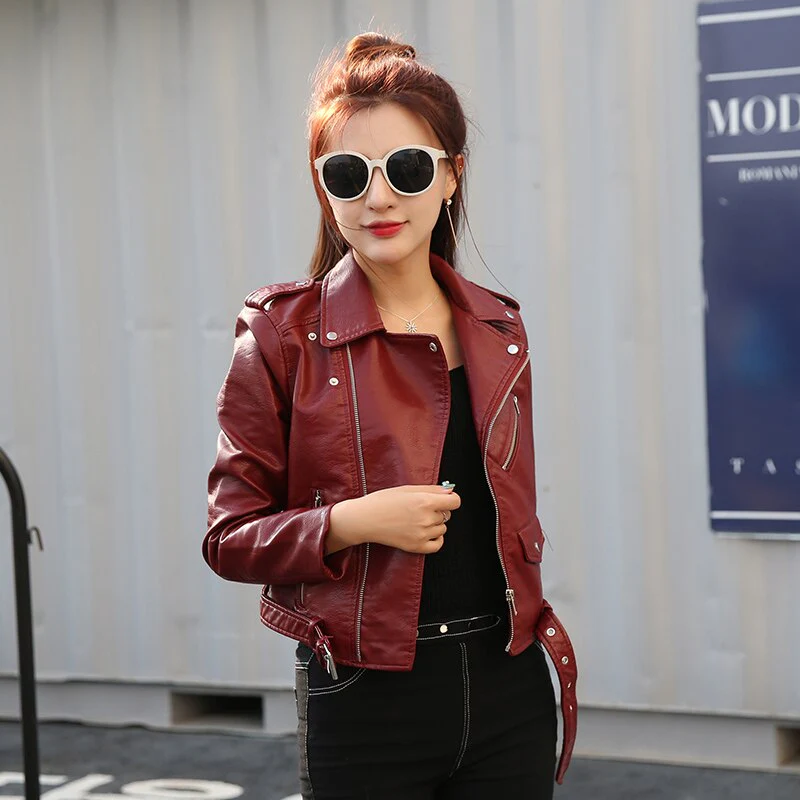 Jacket PU Leather Autumn Winter Street Women's Short Washed Zipper Bright Colors Ladies Basic Motorcycle Outwear OverCoat - Image 7