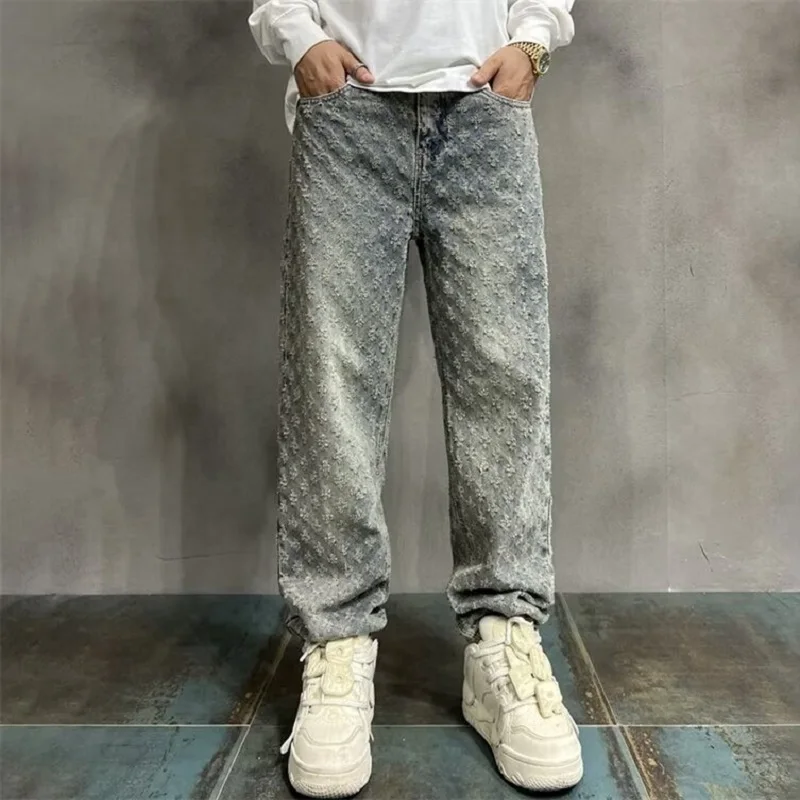 Jacquard All Over High Street Jeans Mens 2024 New Straight Lift Pattern Loose Wide Leg Jeans Casual Boyfriend Jeans Pants Tide