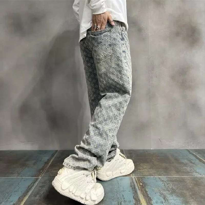 Jacquard All Over High Street Jeans Mens 2024 New Straight Lift Pattern Loose Wide Leg Jeans Casual Boyfriend Jeans Pants Tide - Image 3