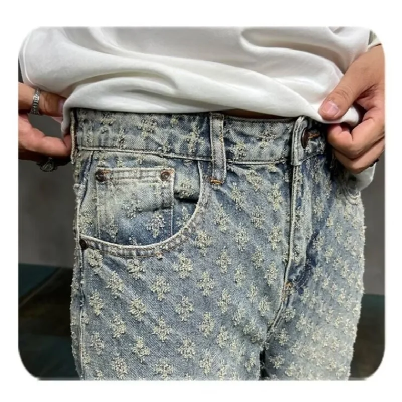 Jacquard All Over High Street Jeans Mens 2024 New Straight Lift Pattern Loose Wide Leg Jeans Casual Boyfriend Jeans Pants Tide - Image 4