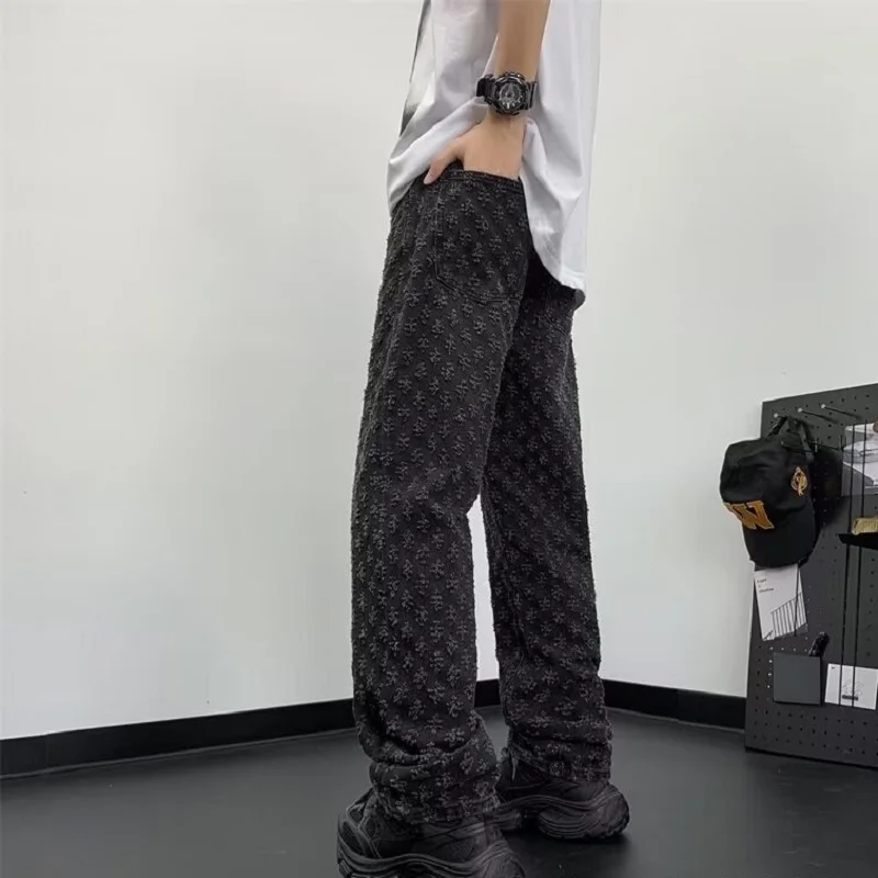 Jacquard All Over High Street Jeans Mens 2024 New Straight Lift Pattern Loose Wide Leg Jeans Casual Boyfriend Jeans Pants Tide - Image 6