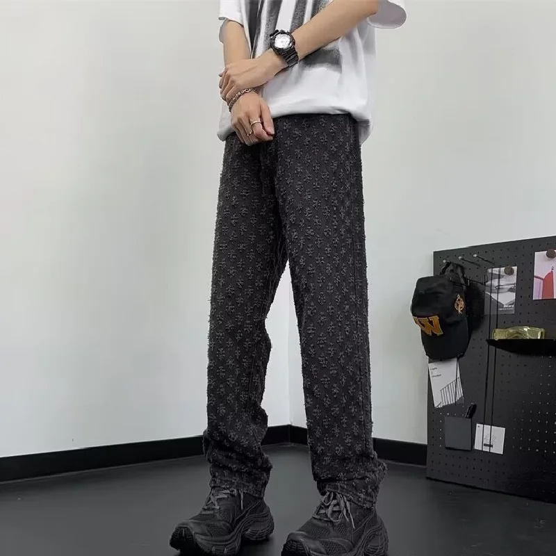 Jacquard All Over High Street Jeans Mens 2024 New Straight Lift Pattern Loose Wide Leg Jeans Casual Boyfriend Jeans Pants Tide - Image 7