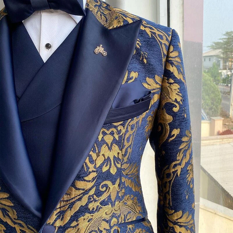 Jacquard Floral Tuxedo Suits for Men Wedding Slim Fit Navy Blue and Gold Gentleman Jacket with Vest Pant 3 Piece Male Costume - Image 10