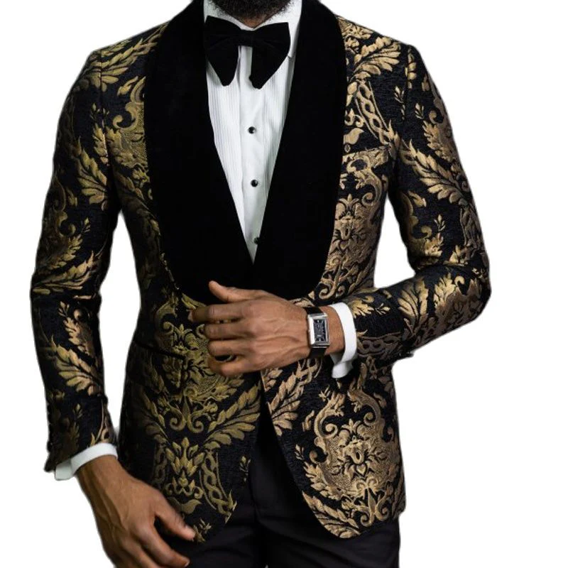 Jacquard Floral Tuxedo Suits for Men Wedding Slim Fit Navy Blue and Gold Gentleman Jacket with Vest Pant 3 Piece Male Costume - Image 3