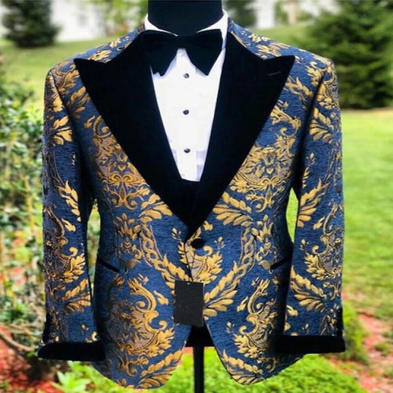 Jacquard Floral Tuxedo Suits for Men Wedding Slim Fit Navy Blue and Gold Gentleman Jacket with Vest Pant 3 Piece Male Costume - Image 5