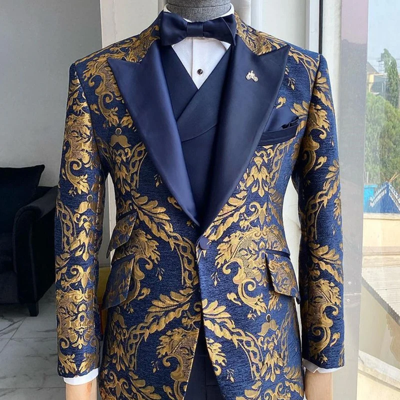 Jacquard Floral Tuxedo Suits for Men Wedding Slim Fit Navy Blue and Gold Gentleman Jacket with Vest Pant 3 Piece Male Costume - Image 6